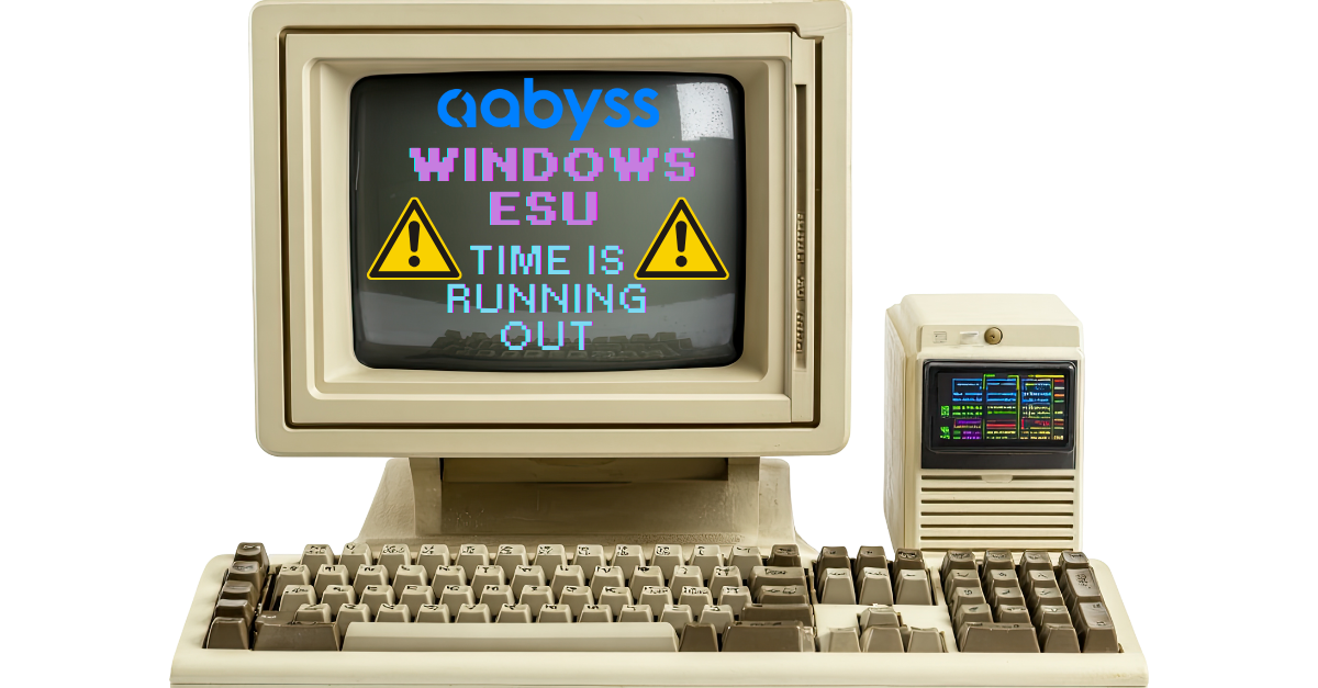 Old Computer with text and warning signs on the screen: Windows ESU Time is Running Out