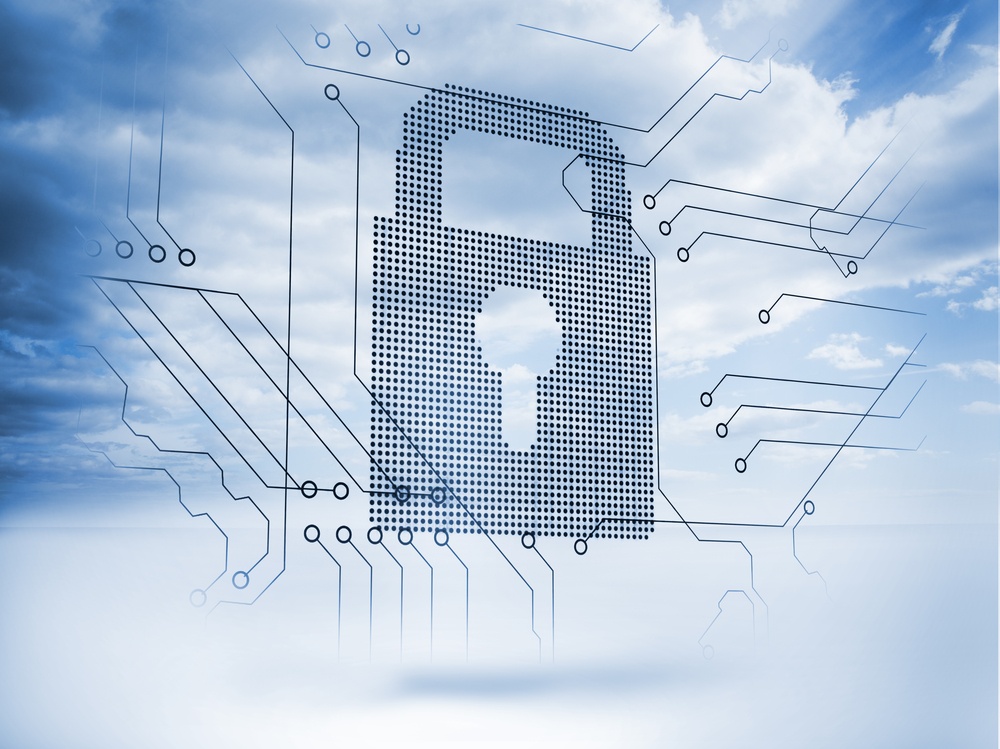 Giant padlock next to a circuit board with blue sky on the background