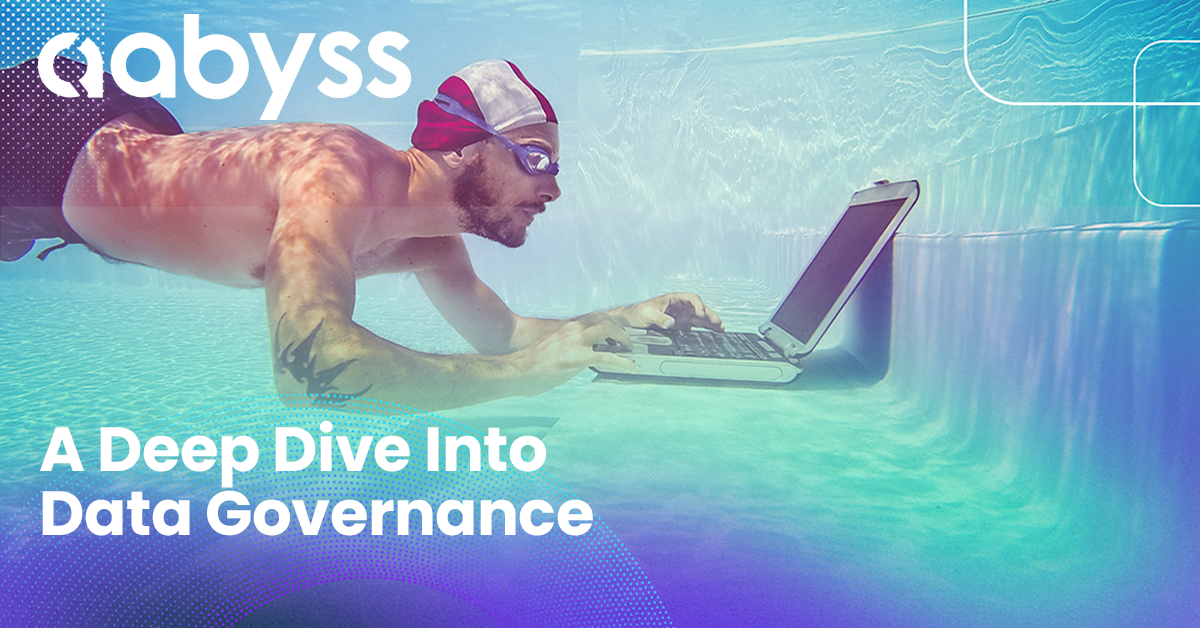 Man at the bottom of a swimming pool with a laptop: Data governance blog by Aabyss.